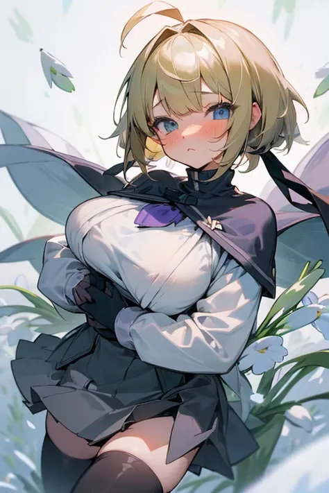 Greenish blonde　Blue Eyes　Short Bob Hair　Thin twin tails　Girl　Ahoge　Baby Face　Black flower hair clip　Snowdrops　clear　Beautiful breasts　Snow Country　Black and purple sweater　Grey Skirt　Grey Cape　Black Stockings　Wear warm clothes　Blushing,　Pile bunker