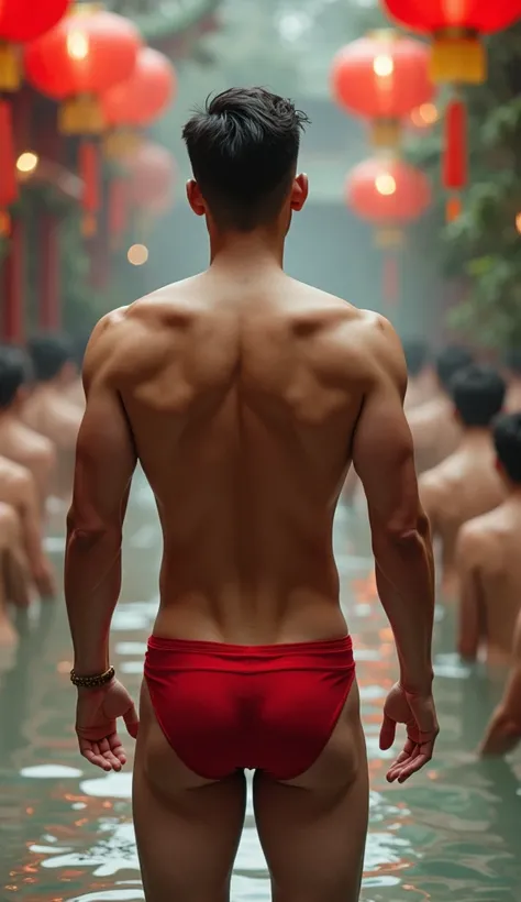 (photorealistic, masterpiece, best quality), handsome asian male, chinese man, smiling, standing backward, Shirtless，Bulge，fortitude，Raised butt，bubble butt, tight ass, back view, naked you can see his beautiful big round butt, young, slim athletic body, w...