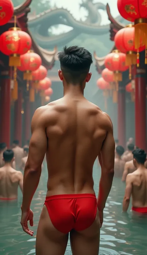 (photorealistic, masterpiece, best quality), handsome asian male, chinese man, smiling, standing backward, Shirtless，Bulge，fortitude，Raised butt，bubble butt, tight ass, back view, naked you can see his beautiful big round butt, young, slim athletic body, w...