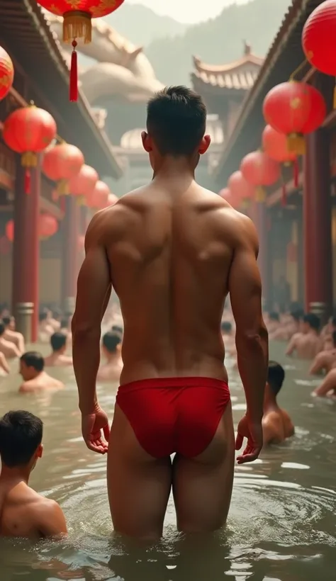 (photorealistic, masterpiece, best quality), handsome asian male, chinese man, smiling, standing backward, Shirtless，Bulge，fortitude，Raised butt，bubble butt, tight ass, back view, naked you can see his beautiful big round butt, young, slim athletic body, w...