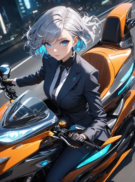 Ultra high resolution, rich colors, perfect image, best quality, detailed image, beautiful single woman, glowing skin, skin and clothing texture, delicate eyes, futuristic motorcycle, driving, business suit, silver bob hair, blue eyes