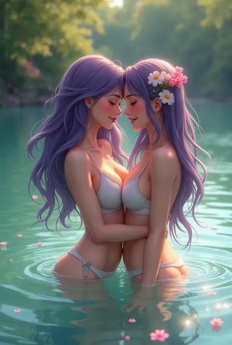 1girl, Breasts, Long Hair, purple hair swin at lake with her friend and feel very happy, and the bra get off