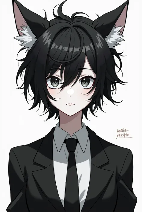 anime character with black and white messy hair, fluffy ears, and a pure white skin tone. The character is faceless and is wearing a black and white suit.