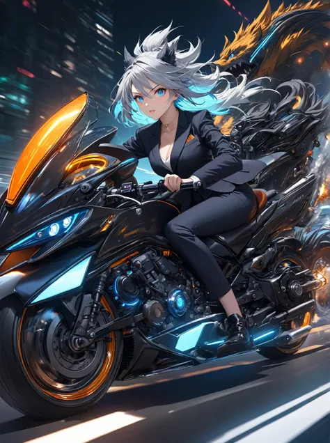 Ultra high resolution, rich colors, perfect image, best quality, detailed image, beautiful single woman, glowing skin, skin and clothing texture, delicate eyes, futuristic motorcycle, FF7, Fenrir, driving, business suit, silver bob hair, blue eyes