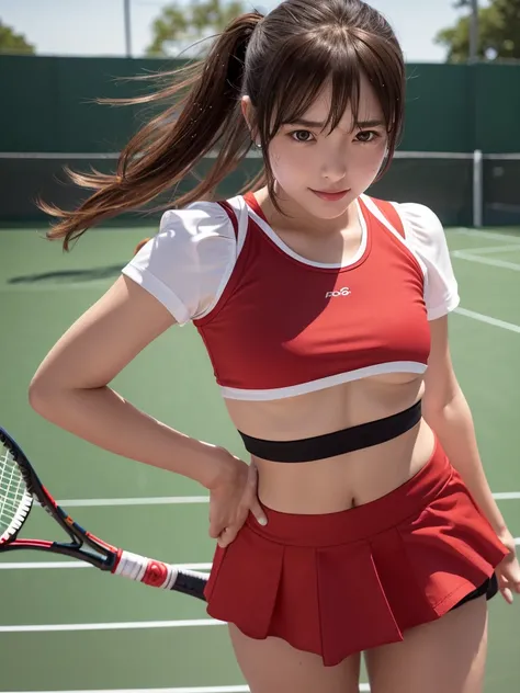 masterpiece, Highest quality,Very detailed,High resolution,(Realistic, photoRealistic:1.37),Excellent anatomy,女の子1 person,(height: 152 cm),1 person,Cowboy Shot,Front view,Tennis Girl,Very beautiful face,Cute type,A small smile,Big Natural Color Lip,(Big an...