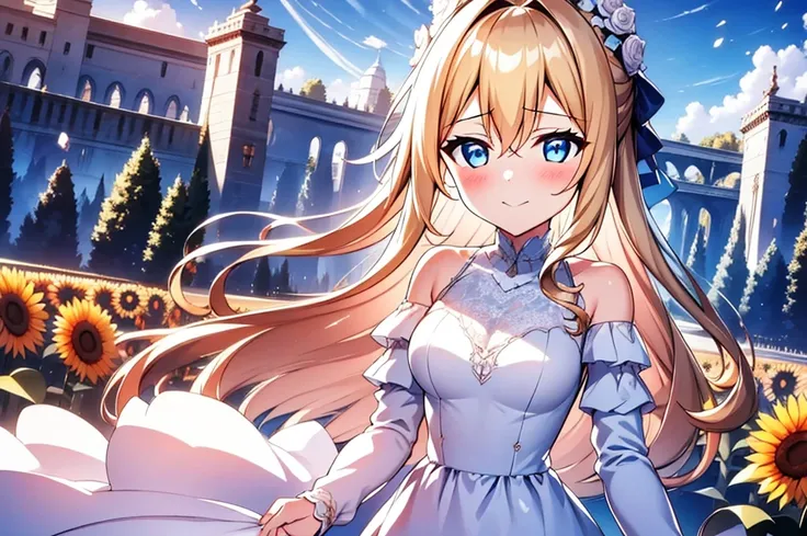 insanely detailed, absurdres, ultra-highres, ultra-detailed, best quality,
1girl, solo,  Qhly, blonde hair, blue eyes, garden, roses, sunflowers, no breasts, no emotions, white  dress, 
