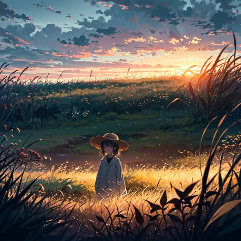 A girl wearing a straw hat stands quietly in a field during sunset. The grasses and flowers in the field are beginning to change, signaling the arrival of autumn. The scene is bathed in soft light with a slightly melancholic atmosphere.
This prompt capture...