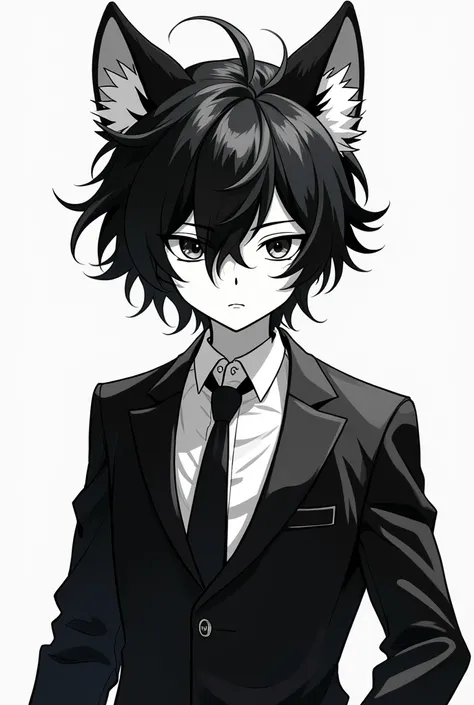 anime character with black&white hair, messy hair, fluffy ears, and a pure white skin tone. The character is faceless and is wearing a black and white suit. boy