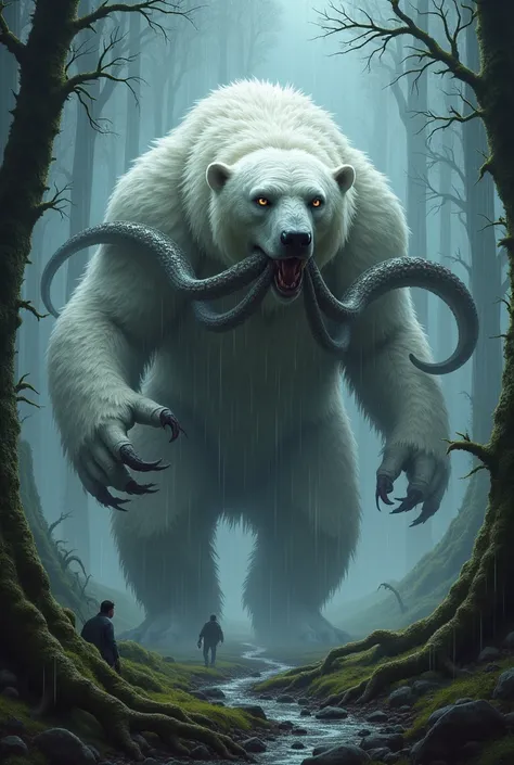 A creature that has polar bear fur and octopus tentacles also snake head very dangerous and big in stormy forest