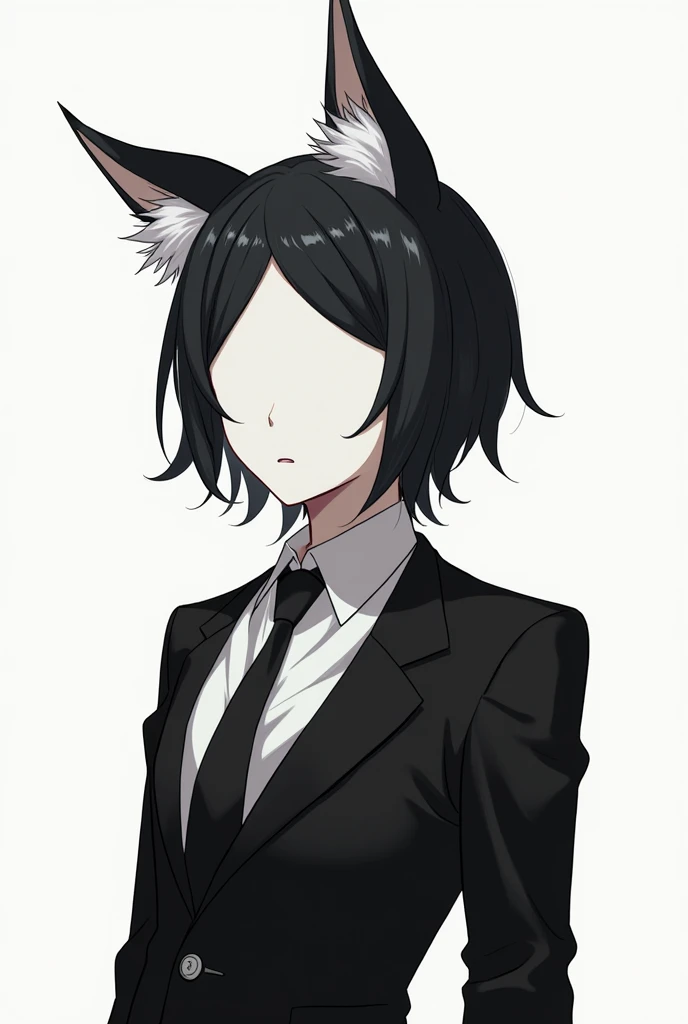 anime character with black&white hair, fluffy ears, and a pure white skin tone. The character is faceless and is wearing a black and white suit. boy