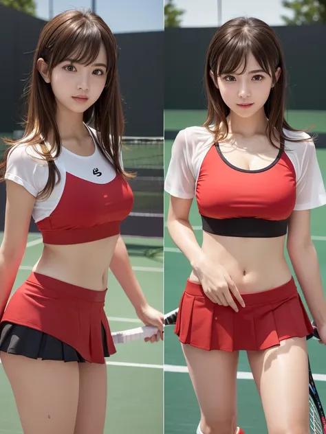 masterpiece, Highest quality,Very detailed,High resolution,(Realistic, photoRealistic:1.37),Excellent anatomy,女の子1 person,(height: 152 cm),1 person,Cowboy Shot,Front view,Tennis Girl,Very beautiful face,Cute type,A small smile,Big Natural Color Lip,(Big an...