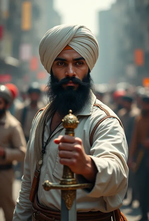 A Sikh young man with hand in sward and white tuban background traffic 