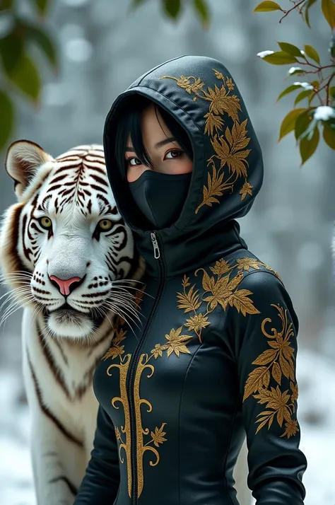 visual of a beautiful woman whose face is disguised by an alien shogun mask wearing a tight black spandex jacket covered with a gold leaf tattoo embroidery design accompanied by a white tiger staring intently in the snow photograph 8k hd ultra realistic co...