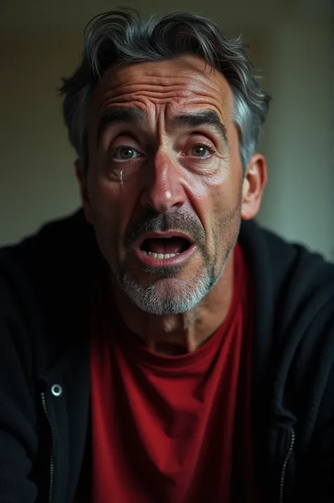 A man in a red T-shirt over a black sweater is crying.