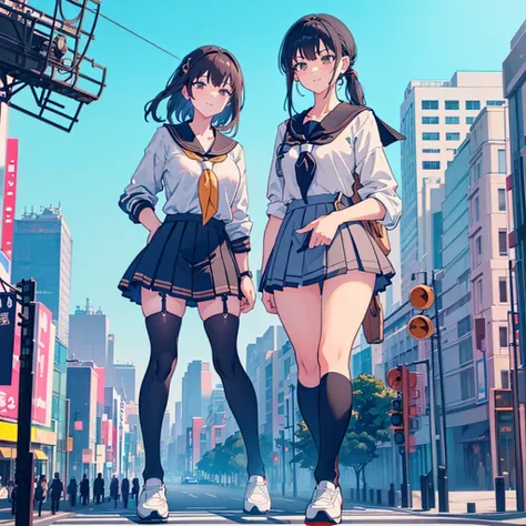 ((two giant high school girls standing on the road) ) composition seen from below, true sunset, sunset, evening, masterpiece ani...