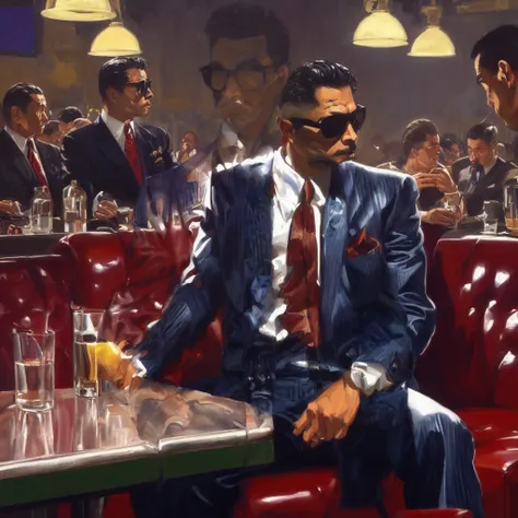 there is a man sitting at a table with a drink in his hand, in style of kar wai wong, neo - noir style, mafia background hyper d...