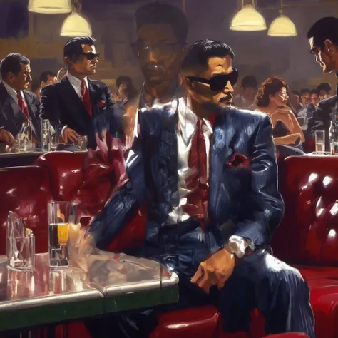 there is a man sitting at a table with a drink in his hand, in style of kar wai wong, neo - noir style, mafia background hyper d...