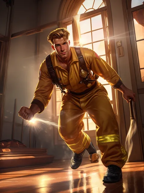 Leyendecker style illustration: Close up of a male firefighter taking off his clothes at a fire station, seductive facial expression, blond hair, very hairy body, sweat on body, firefighter uniform, firefighter gear, pants down, dynamic pose, staring at vi...