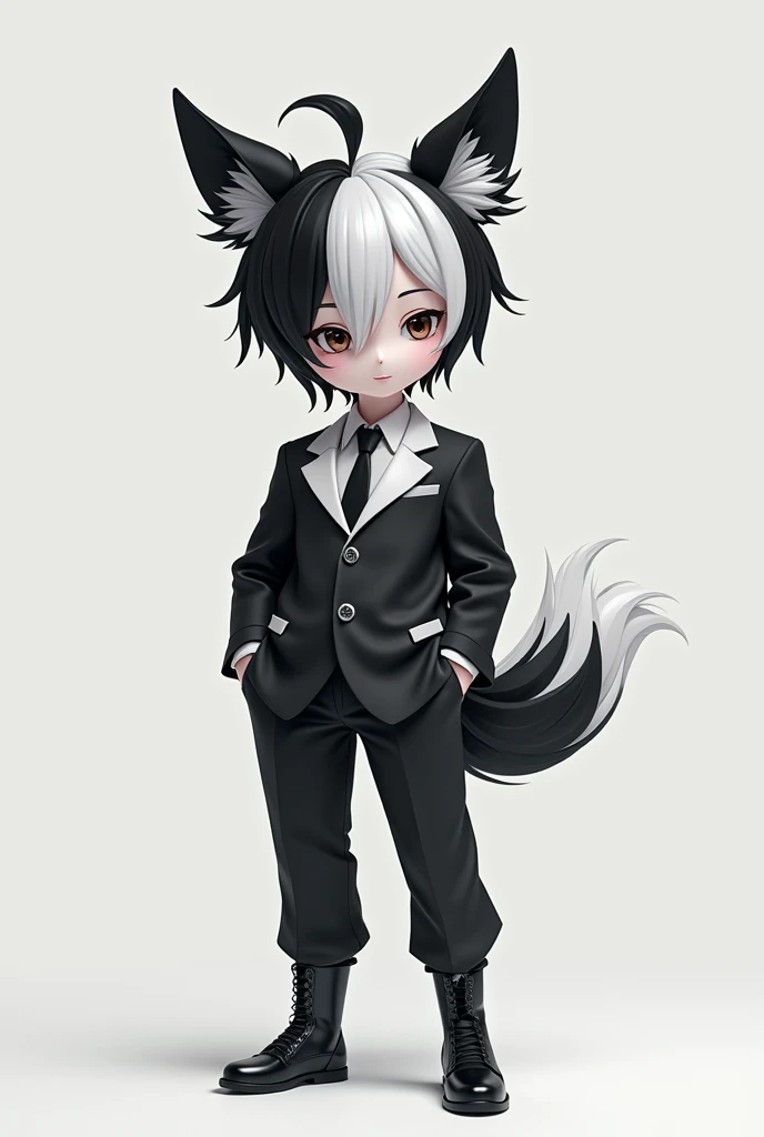 anime character boy with black and white stripes hair, fluffy ears, and a pure white skin tone. The character is faceless and is wearing a black and white suit. 