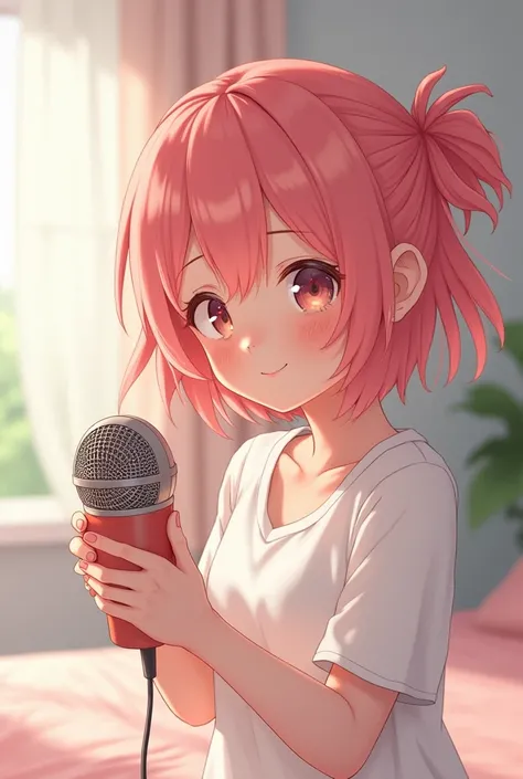 Create an image of a smiling anime girl with pastel red hair doing asmr ear cleaning into a microphone that looks like an ear