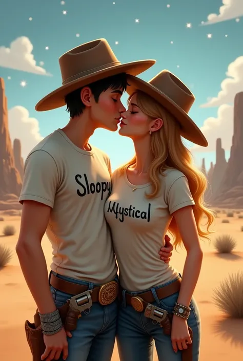 A guy wearing a t-shirt that says sloopy kisses a girl with a t-shirt that says mystical they both also have revolvers and cowboy hats