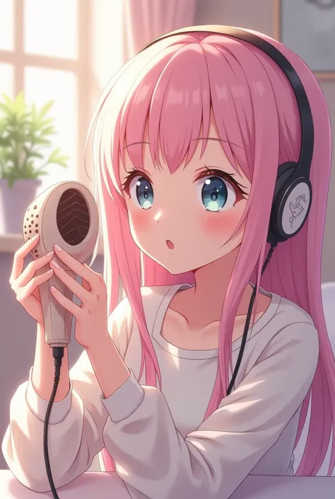 Create an image of a smiling anime girl with pastel pink hair doing asmr ear cleaning into a microphone that looks like an ear