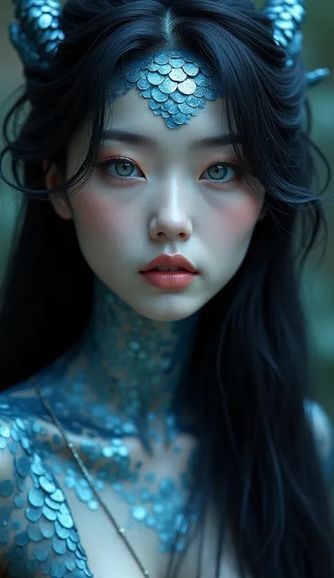 A Japanese woman with dragon-like features, her skin covered in smooth, iridescent scales that shift between shades of silver and deep blue, reflecting the colors of a serene ocean at night. Her eyes are large, almond-shaped, and glow with a calm, reflecti...