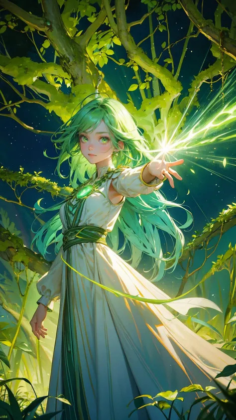 A beautiful, cute girl with bright green hair and glowing eyes, dressed in a natural, flowy outfit that resembles leaves and vines. She is standing confidently in a lush, vibrant environment filled with green planks, moss-covered stones, and glowing green ...