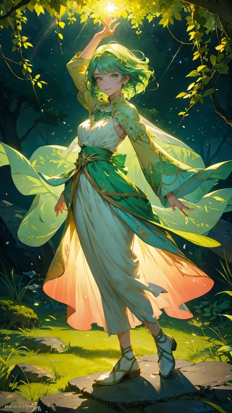 A beautiful, cute girl with bright green hair and glowing eyes, dressed in a natural, flowy outfit that resembles leaves and vines. She is standing confidently in a lush, vibrant environment filled with green planks, moss-covered stones, and glowing green ...