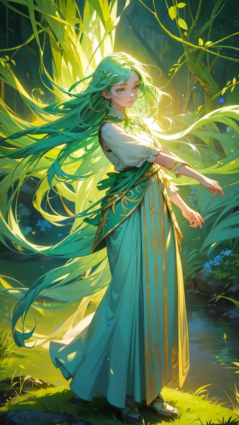 A beautiful, cute girl with bright green hair and glowing eyes, dressed in a natural, flowy outfit that resembles leaves and vines. She is standing confidently in a lush, vibrant environment filled with green planks, moss-covered stones, and glowing green ...