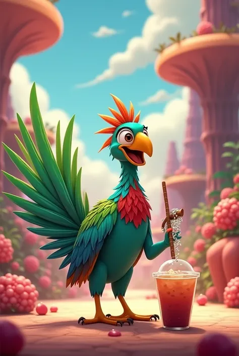 Animated cartoon of a quetzal showing a bottomless bubble tea