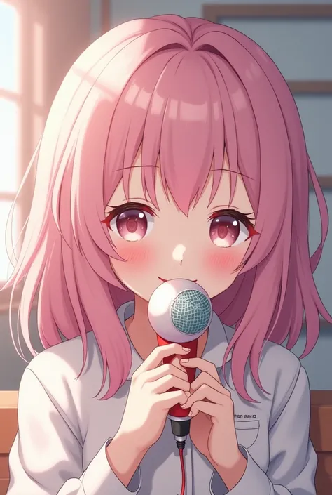 Create an image of a smiling anime girl with pastel pink hair doing asmr ear cleaning into a microphone that looks like an ear