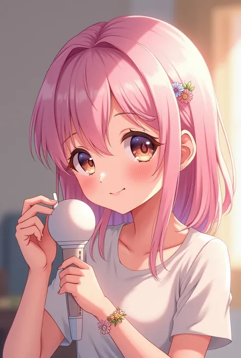 Create an image of a smiling anime girl with pastel pink hair doing asmr ear cleaning into a microphone that looks like an ear