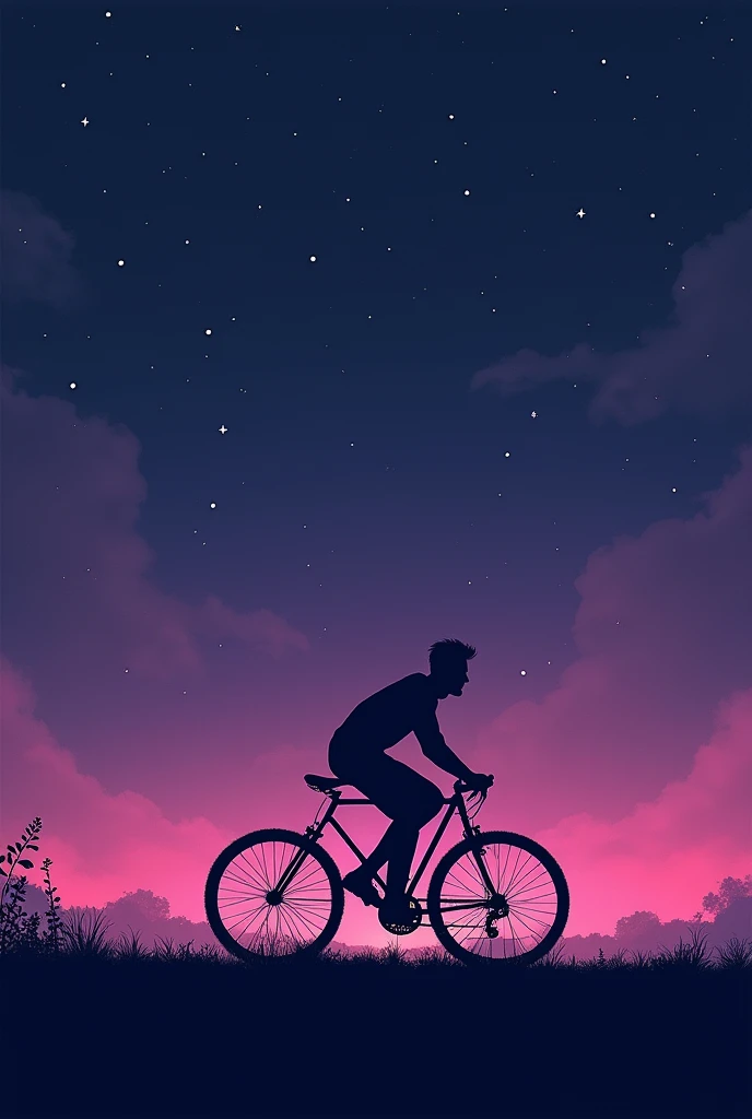 lofi image of a man riding bike left to right with purple and blye starry sky