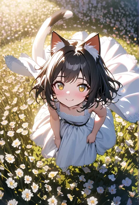 High resolution, masterpiece,（ Highest quality, High-resolution model 1.3）、（Perfect Fingers）、One girl, Cat ear, Black Hair、Red cheeks、A childlike smile, looking happy、White dress holding a bouquet、wood々Flower field surrounded by、Ray Tracing, Ultra-detailed...