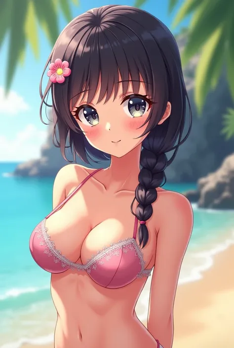 an anime girl with innocent and cute face and big breast wearing bikini 