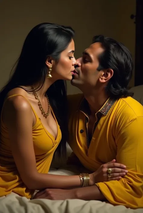 photo of beautiful Indian Girl, Dusky skin and Wet body, Wearing Yellow Kurti and Stole Tied around her Neck, Wearing Bangles in Hand, Large U Cut Cleavage exposed, Lying on Bed and Kissing a OLD MAN sensually on Lips, dim light in the room.