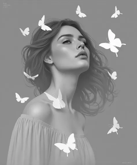 Add butterflies around the beautiful lady and a black background