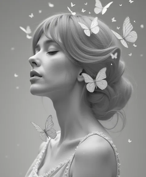 Add butterflies around the beautiful lady and a black background