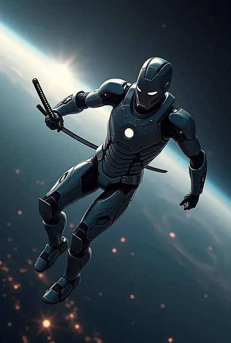 A man fly in the space and holding in katana in hand and planets in background without space suit in iron man suit without helmet 