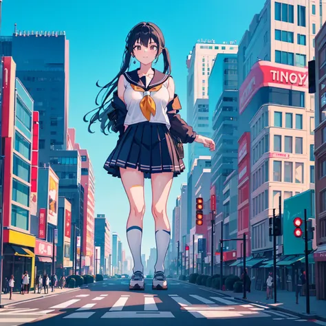 ((two giant high school girls standing on the road) ) composition seen from below, true sunset, sunset, evening, masterpiece ani...