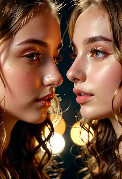 intricate portrait of 2 beautiful teenage girls, , long wavy hair, shiny nose, kissing each other on the nose, highly detailed, photorealistic, 8k, studio lighting, hyper-realistic, dramatic lighting, cinematic, warm color tones, glowing skin, expressive e...