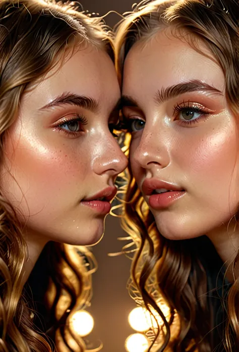 intricate portrait of 2 beautiful teenage girls, , long wavy hair, shiny nose, kissing each other on the nose, highly detailed, photorealistic, 8k, studio lighting, hyper-realistic, dramatic lighting, cinematic, warm color tones, glowing skin, expressive e...