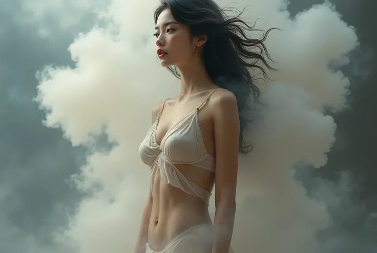 A painting of an Eastern woman made of smoke，Beauty， Sweaty body stockings，Beautiful posture，Ultra-high-resolution photos