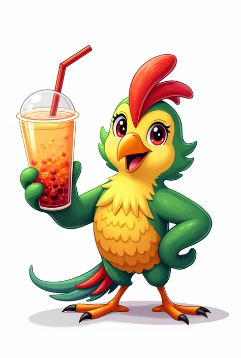 Cartoon of a quetzal bird showing a bubble tea with no background