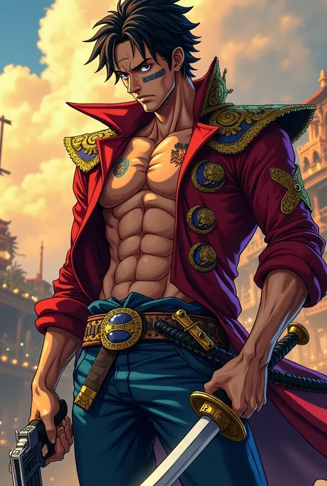 One piece original character, male, 20 years old, use katana and gun, damage face, one piece style art