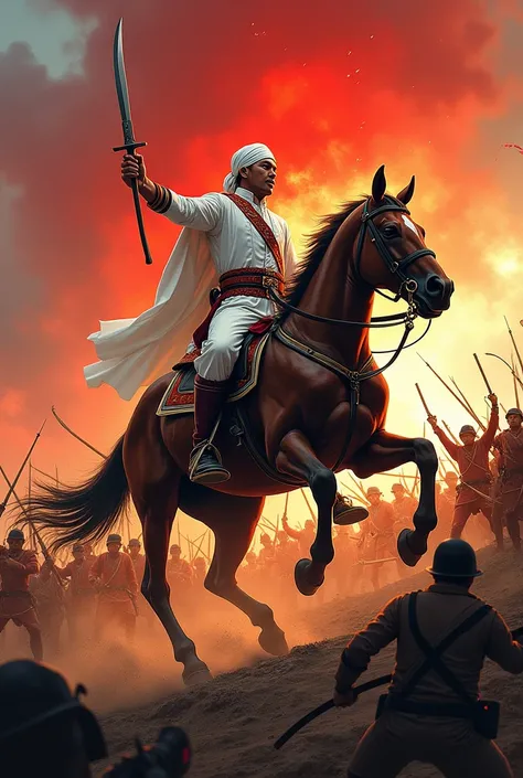 Create an illustration of a historical battle scene featuring Prince Diponegoro, a key figure in the Indonesian struggle against colonial forces. Prince Diponegoro should be depicted in a white traditional outfit, holding a kris (dagger) and riding a horse...