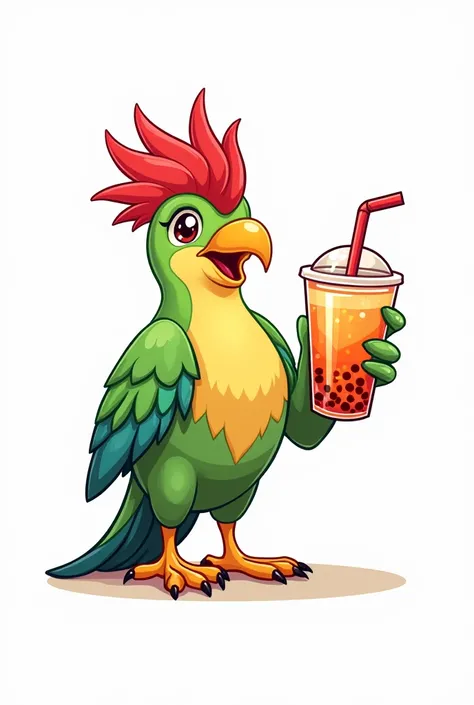 Cartoon of a quetzal bird showing a bubble tea with no background