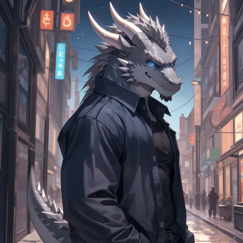 Masterpiece, Solo, (Grey dragon, blue eyes, Medium grey hair, a pair of white horn), Muscular Body, Handsome, Good Looking, Adult, Fierce, Smirking, Black Shirt, Jean, White long Coat, Furry Street Background.