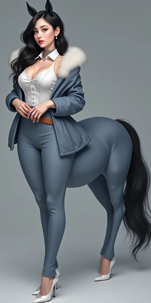 masterpiece,(Best quality:1.3),Centaur girl,lora:Centaur girlV1.0:0.6,(Icefield:1.3),(Head and body 1：9：1.3)Nine-head body，I am a white collar elite centaur female，Elegant, beautiful and elegant，All four legs are wearing tight white collar black，White shir...